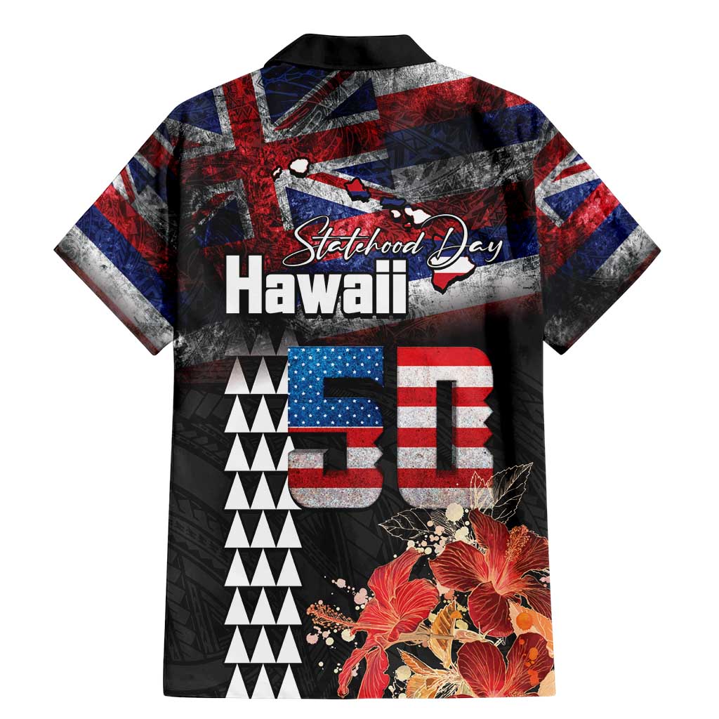 Hawaii Statehood Day Family Matching Mermaid Dress and Hawaiian Shirt 50th state of the United States Kakau Tattoos and Hibiscus Grunge - Polynesian Pride