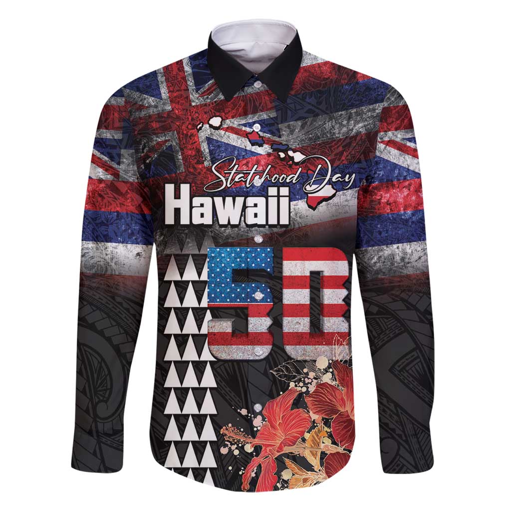 Hawaii Statehood Day Family Matching Off Shoulder Maxi Dress and Hawaiian Shirt 50th state of the United States Kakau Tattoos and Hibiscus Grunge - Polynesian Pride