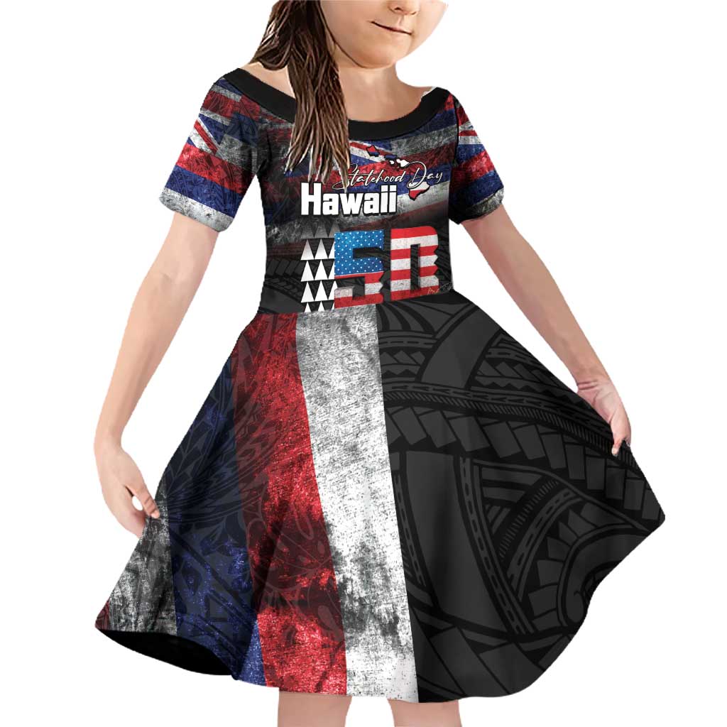 Hawaii Statehood Day Family Matching Off Shoulder Short Dress and Hawaiian Shirt 50th state of the United States Kakau Tattoos and Hibiscus Grunge - Polynesian Pride