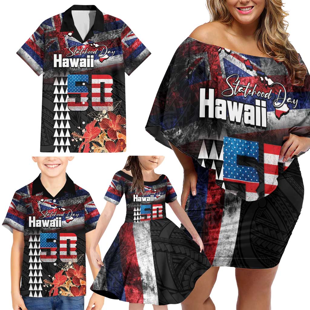 Hawaii Statehood Day Family Matching Off Shoulder Short Dress and Hawaiian Shirt 50th state of the United States Kakau Tattoos and Hibiscus Grunge - Polynesian Pride