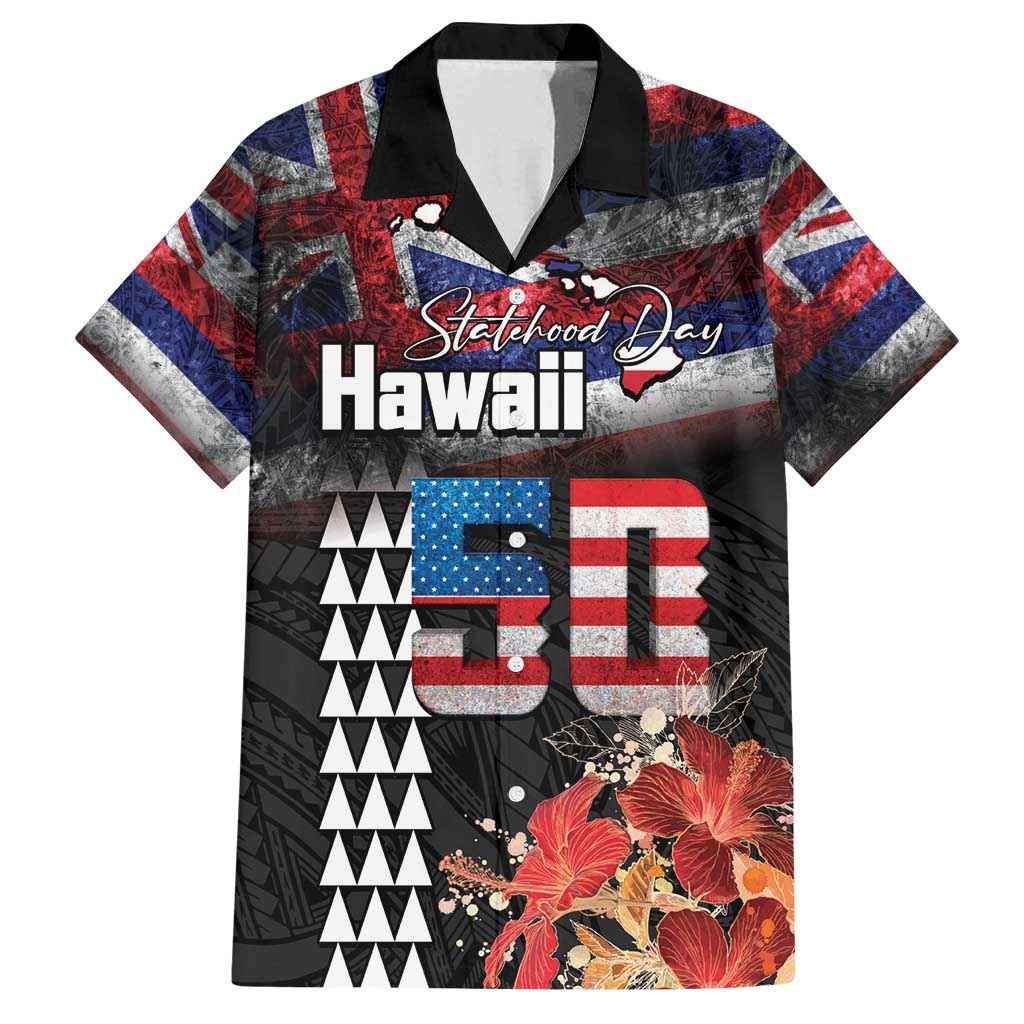 Hawaii Statehood Day Family Matching Off Shoulder Short Dress and Hawaiian Shirt 50th state of the United States Kakau Tattoos and Hibiscus Grunge - Polynesian Pride