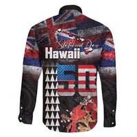 Hawaii Statehood Day Family Matching Off Shoulder Short Dress and Hawaiian Shirt 50th state of the United States Kakau Tattoos and Hibiscus Grunge - Polynesian Pride