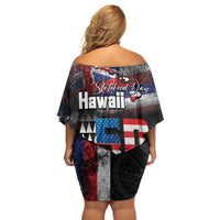 Hawaii Statehood Day Family Matching Off Shoulder Short Dress and Hawaiian Shirt 50th state of the United States Kakau Tattoos and Hibiscus Grunge - Polynesian Pride