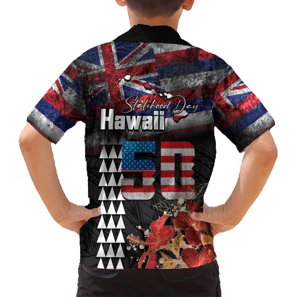 Hawaii Statehood Day Family Matching Summer Maxi Dress and Hawaiian Shirt 50th state of the United States Kakau Tattoos and Hibiscus Grunge - Polynesian Pride
