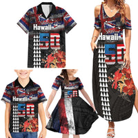 Hawaii Statehood Day Family Matching Summer Maxi Dress and Hawaiian Shirt 50th state of the United States Kakau Tattoos and Hibiscus Grunge - Polynesian Pride