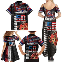 Hawaii Statehood Day Family Matching Summer Maxi Dress and Hawaiian Shirt 50th state of the United States Kakau Tattoos and Hibiscus Grunge - Polynesian Pride
