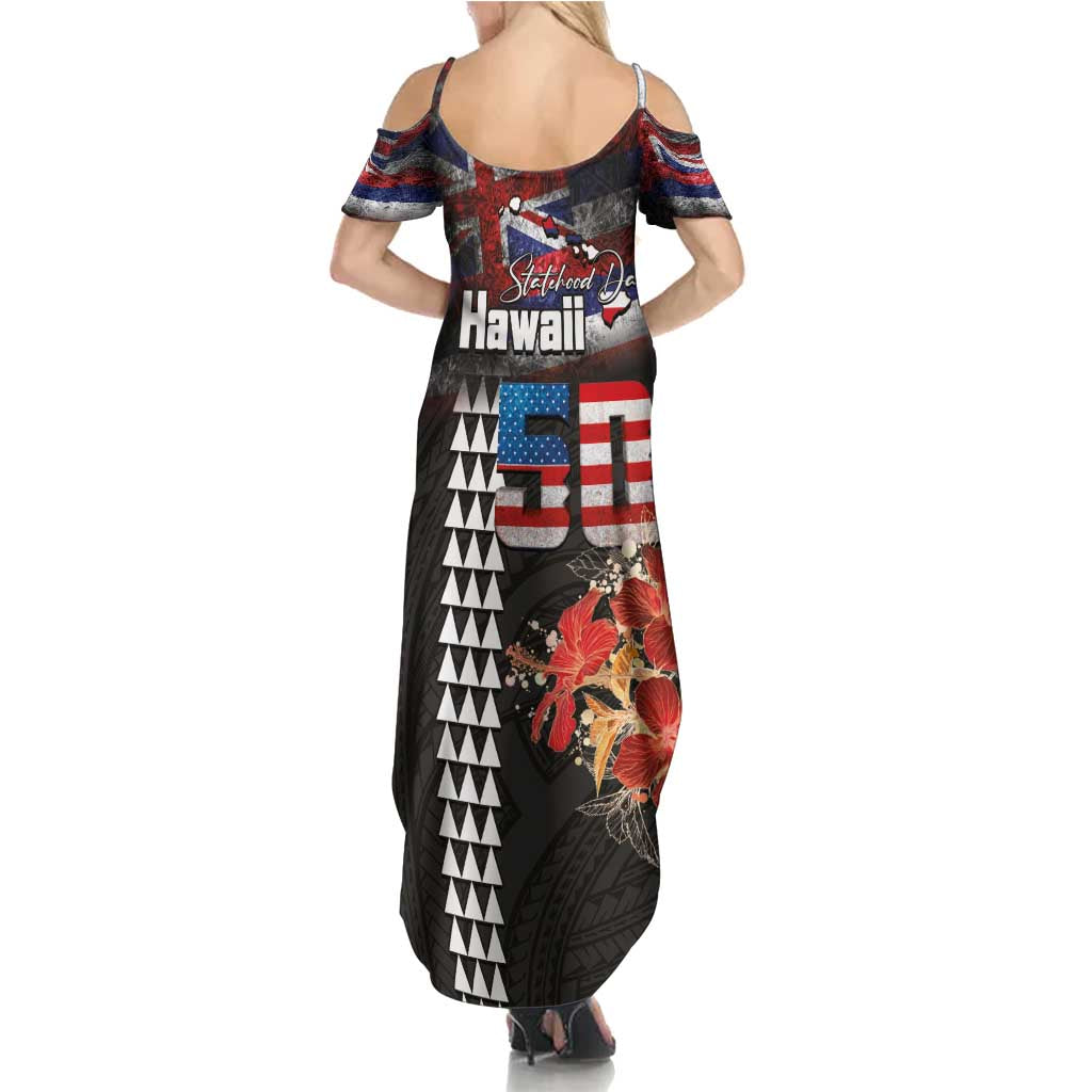 Hawaii Statehood Day Family Matching Summer Maxi Dress and Hawaiian Shirt 50th state of the United States Kakau Tattoos and Hibiscus Grunge - Polynesian Pride