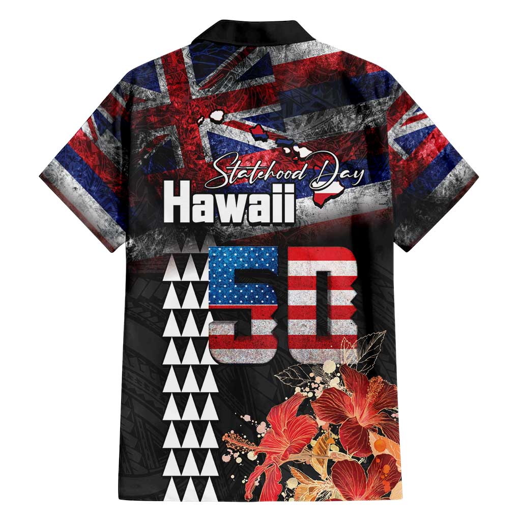 Hawaii Statehood Day Family Matching Tank Maxi Dress and Hawaiian Shirt 50th state of the United States Kakau Tattoos and Hibiscus Grunge - Polynesian Pride