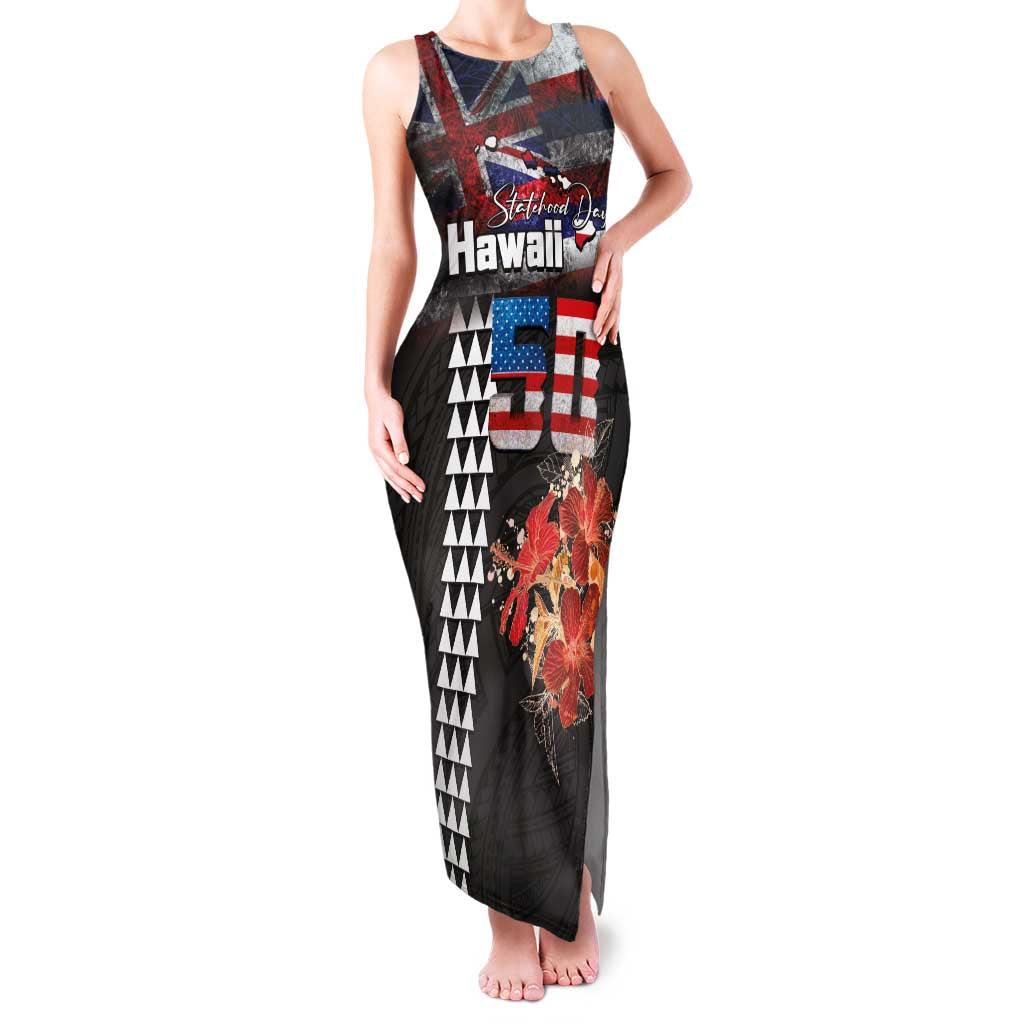 Hawaii Statehood Day Family Matching Tank Maxi Dress and Hawaiian Shirt 50th state of the United States Kakau Tattoos and Hibiscus Grunge - Polynesian Pride