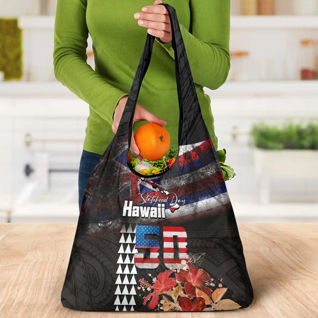 Hawaii Statehood Day Grocery Bag 50th state of the United States Kakau Tattoos and Hibiscus Grunge - Polynesian Pride