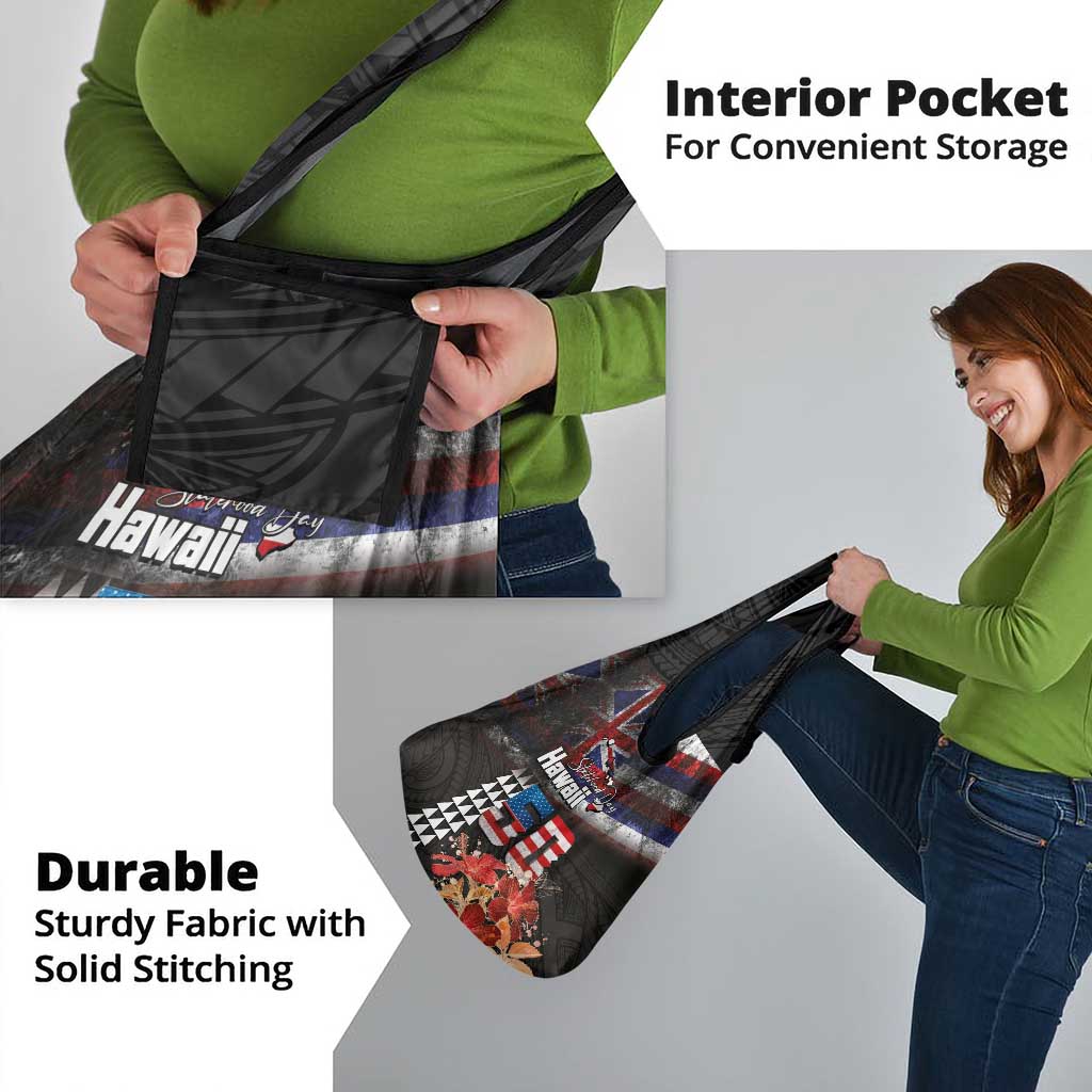 Hawaii Statehood Day Grocery Bag 50th state of the United States Kakau Tattoos and Hibiscus Grunge - Polynesian Pride