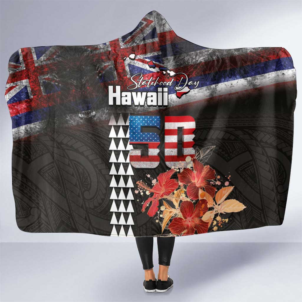 Hawaii Statehood Day Hooded Blanket 50th state of the United States Kakau Tattoos and Hibiscus Grunge - Polynesian Pride