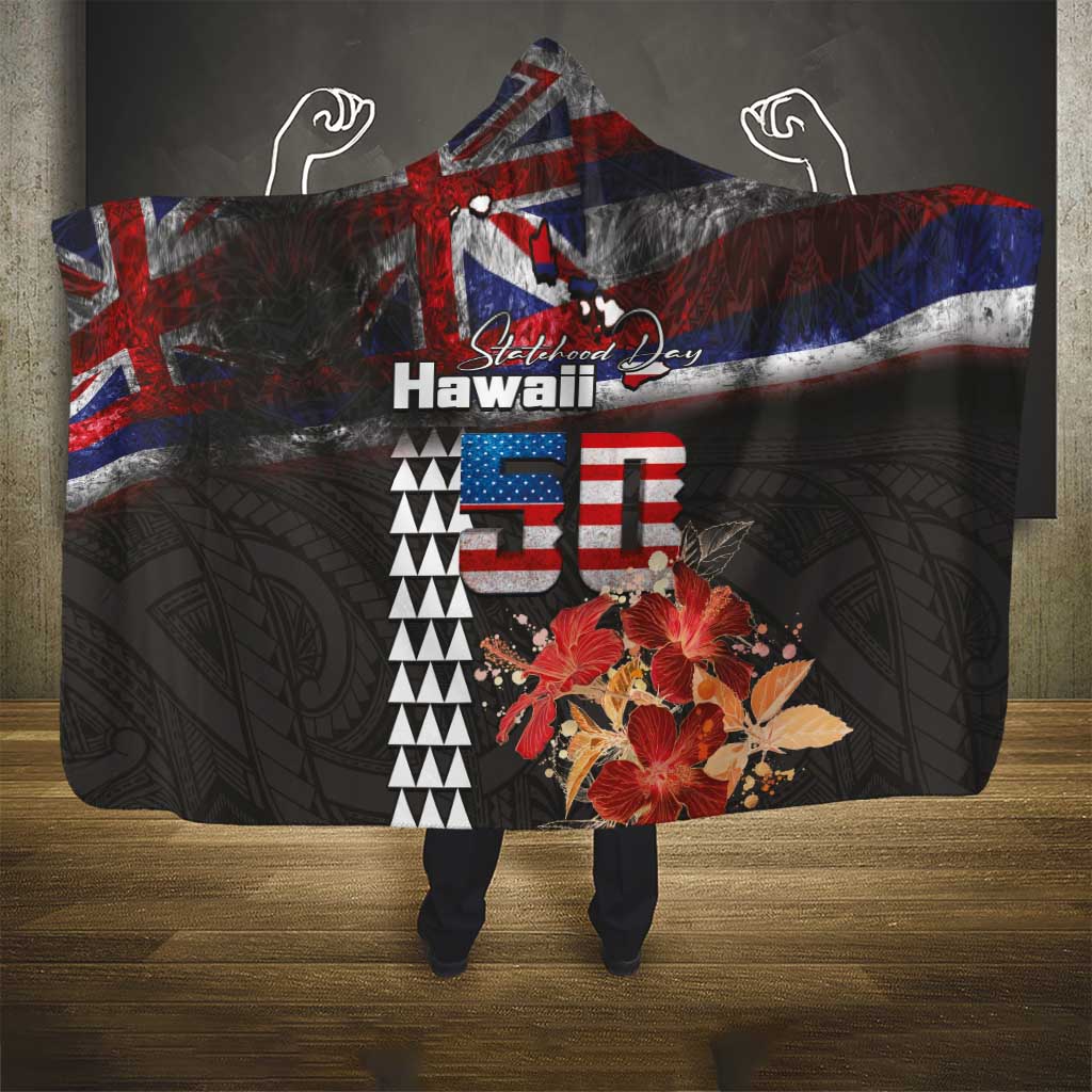 Hawaii Statehood Day Hooded Blanket 50th state of the United States Kakau Tattoos and Hibiscus Grunge - Polynesian Pride