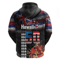 Hawaii Statehood Day Hoodie 50th state of the United States Kakau Tattoos and Hibiscus Grunge - Polynesian Pride