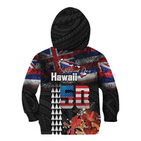 Hawaii Statehood Day Kid Hoodie 50th state of the United States Kakau Tattoos and Hibiscus Grunge - Polynesian Pride
