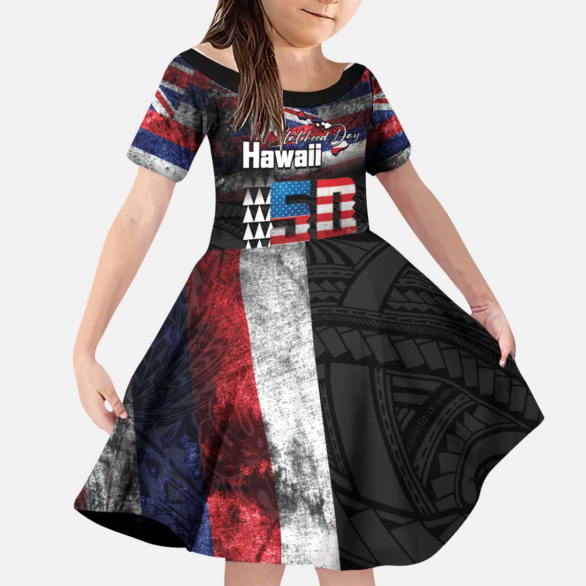 Hawaii Statehood Day Kid Short Sleeve Dress 50th state of the United States Kakau Tattoos and Hibiscus Grunge - Polynesian Pride