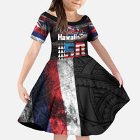 Hawaii Statehood Day Kid Short Sleeve Dress 50th state of the United States Kakau Tattoos and Hibiscus Grunge - Polynesian Pride