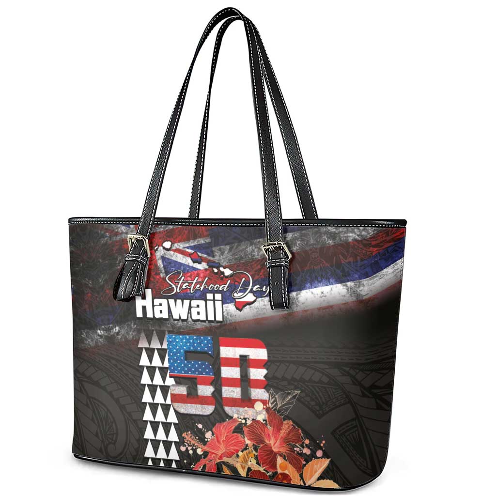 Hawaii Statehood Day Leather Tote Bag 50th state of the United States Kakau Tattoos and Hibiscus Grunge - Polynesian Pride