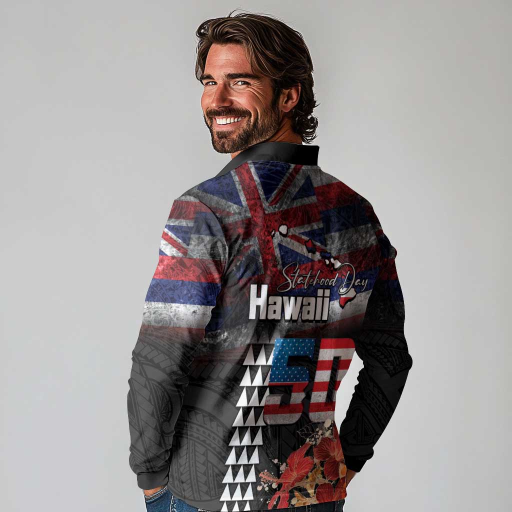 Hawaii Statehood Day Long Sleeve Polo Shirt 50th state of the United States Kakau Tattoos and Hibiscus Grunge - Polynesian Pride