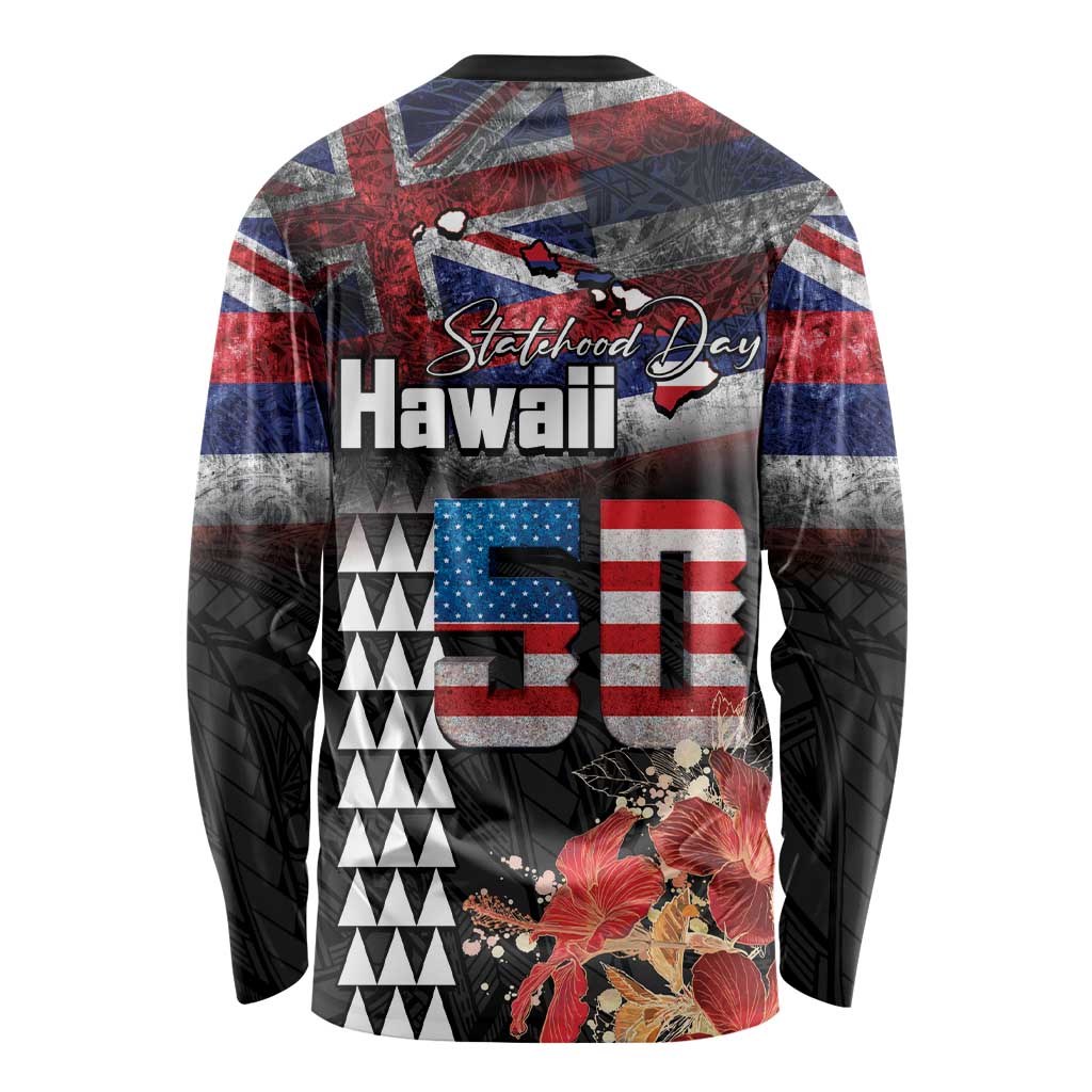 Hawaii Statehood Day Long Sleeve Shirt 50th state of the United States Kakau Tattoos and Hibiscus Grunge - Polynesian Pride