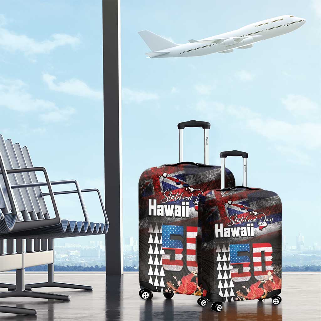 Hawaii Statehood Day Luggage Cover 50th state of the United States Kakau Tattoos and Hibiscus Grunge - Polynesian Pride