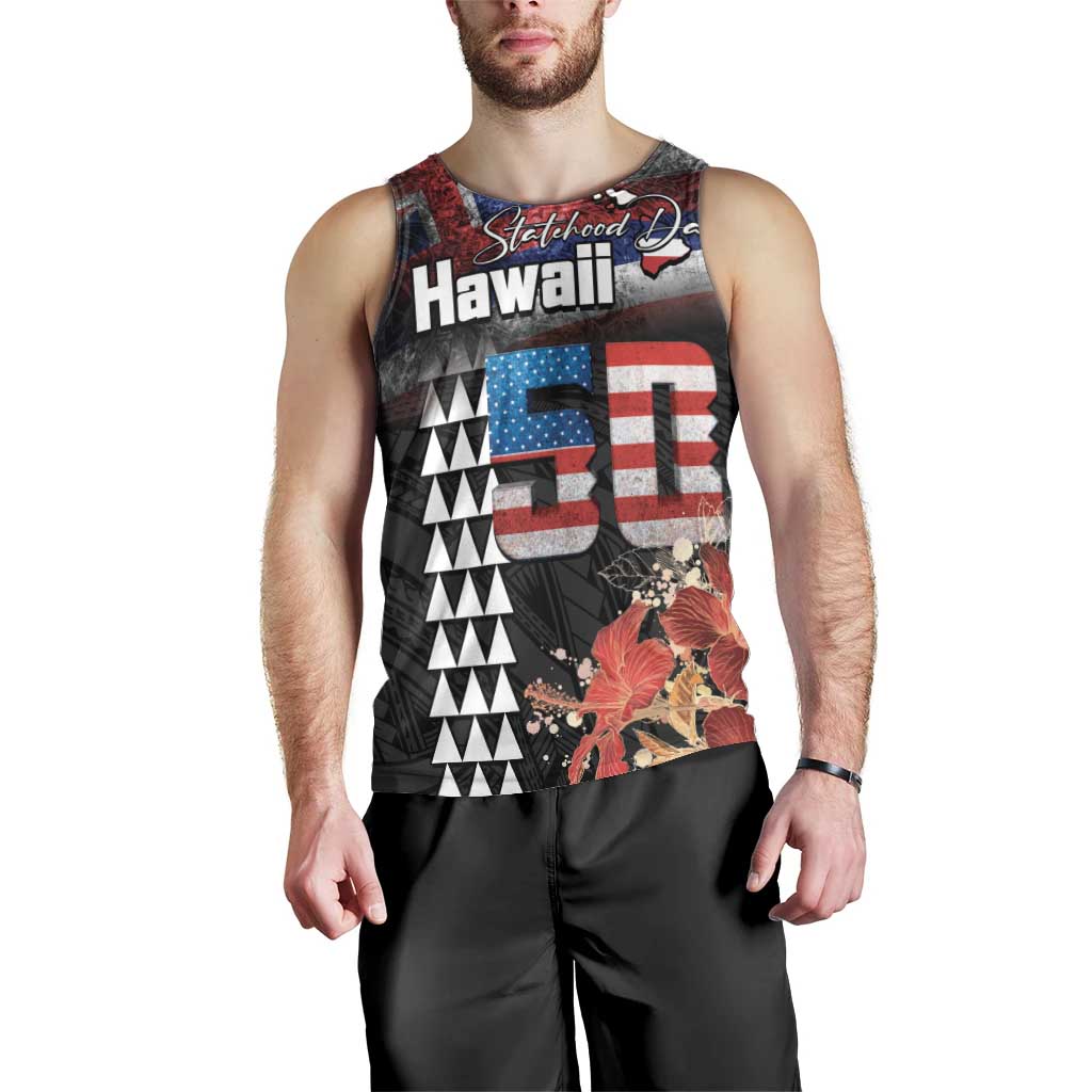 Hawaii Statehood Day Men Tank Top 50th state of the United States Kakau Tattoos and Hibiscus Grunge - Polynesian Pride