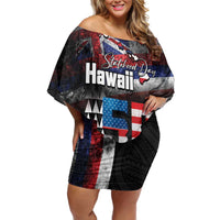 Hawaii Statehood Day Off Shoulder Short Dress 50th state of the United States Kakau Tattoos and Hibiscus Grunge - Polynesian Pride