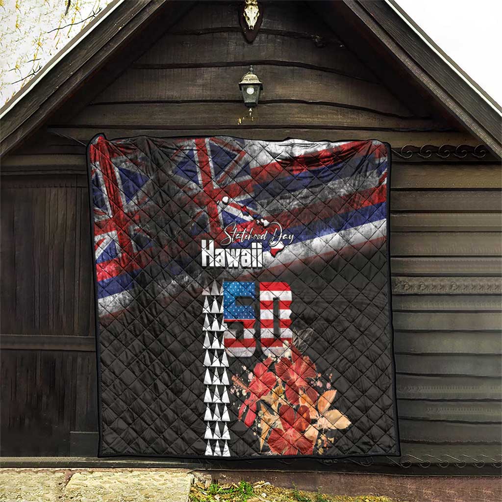 Hawaii Statehood Day Quilt 50th state of the United States Kakau Tattoos and Hibiscus Grunge - Polynesian Pride