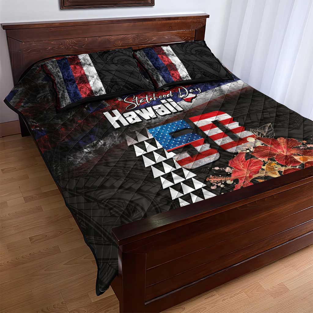 Hawaii Statehood Day Quilt Bed Set 50th state of the United States Kakau Tattoos and Hibiscus Grunge - Polynesian Pride