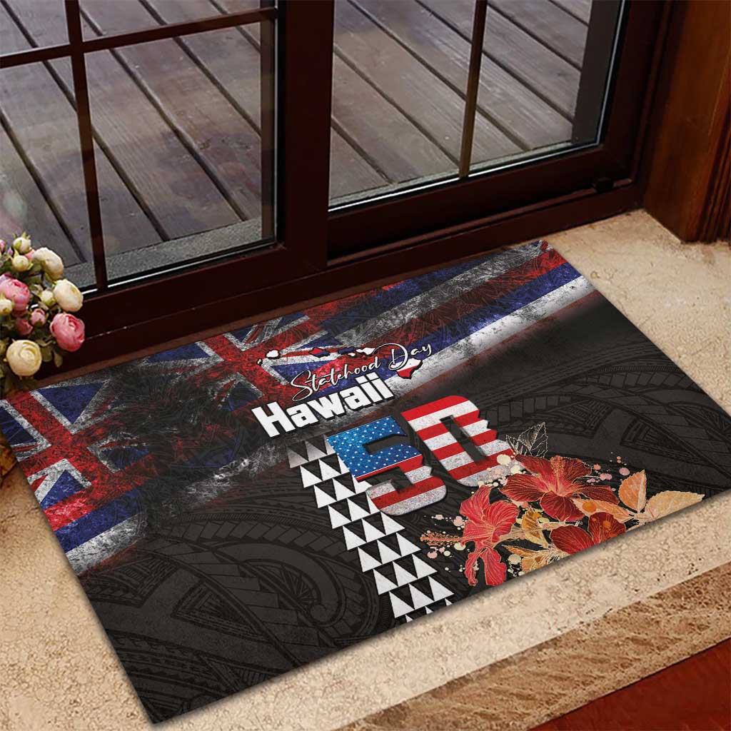 Hawaii Statehood Day Rubber Doormat 50th state of the United States Kakau Tattoos and Hibiscus Grunge - Polynesian Pride