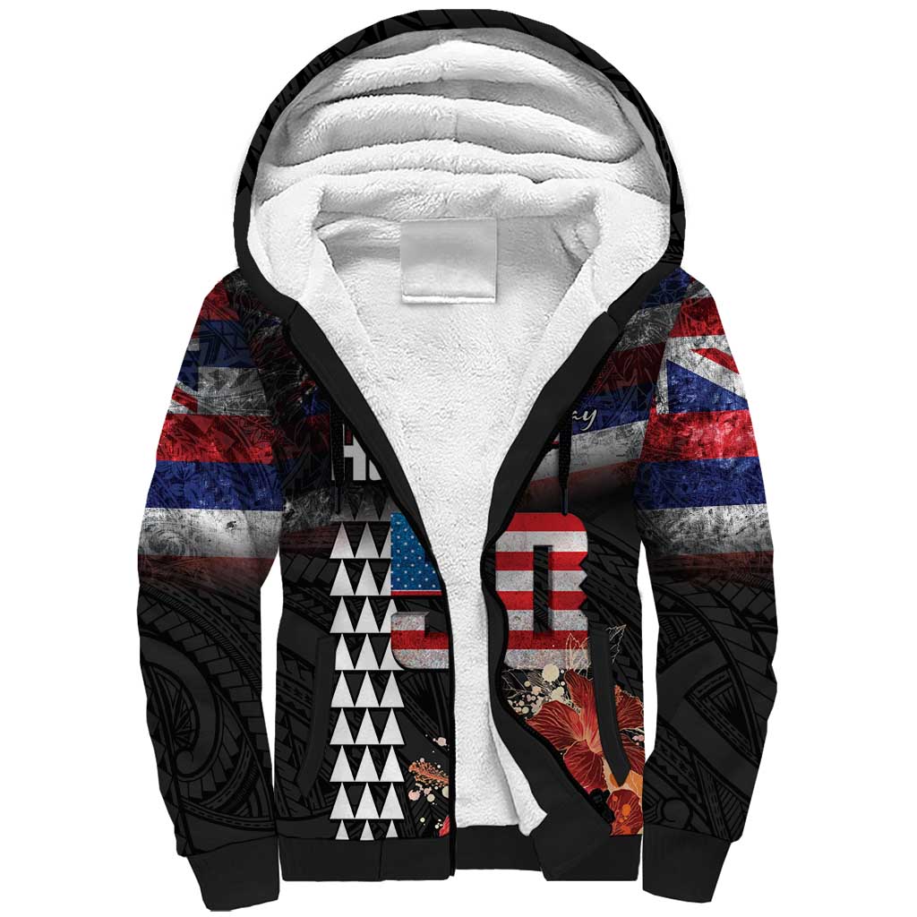Hawaii Statehood Day Sherpa Hoodie 50th state of the United States Kakau Tattoos and Hibiscus Grunge - Polynesian Pride