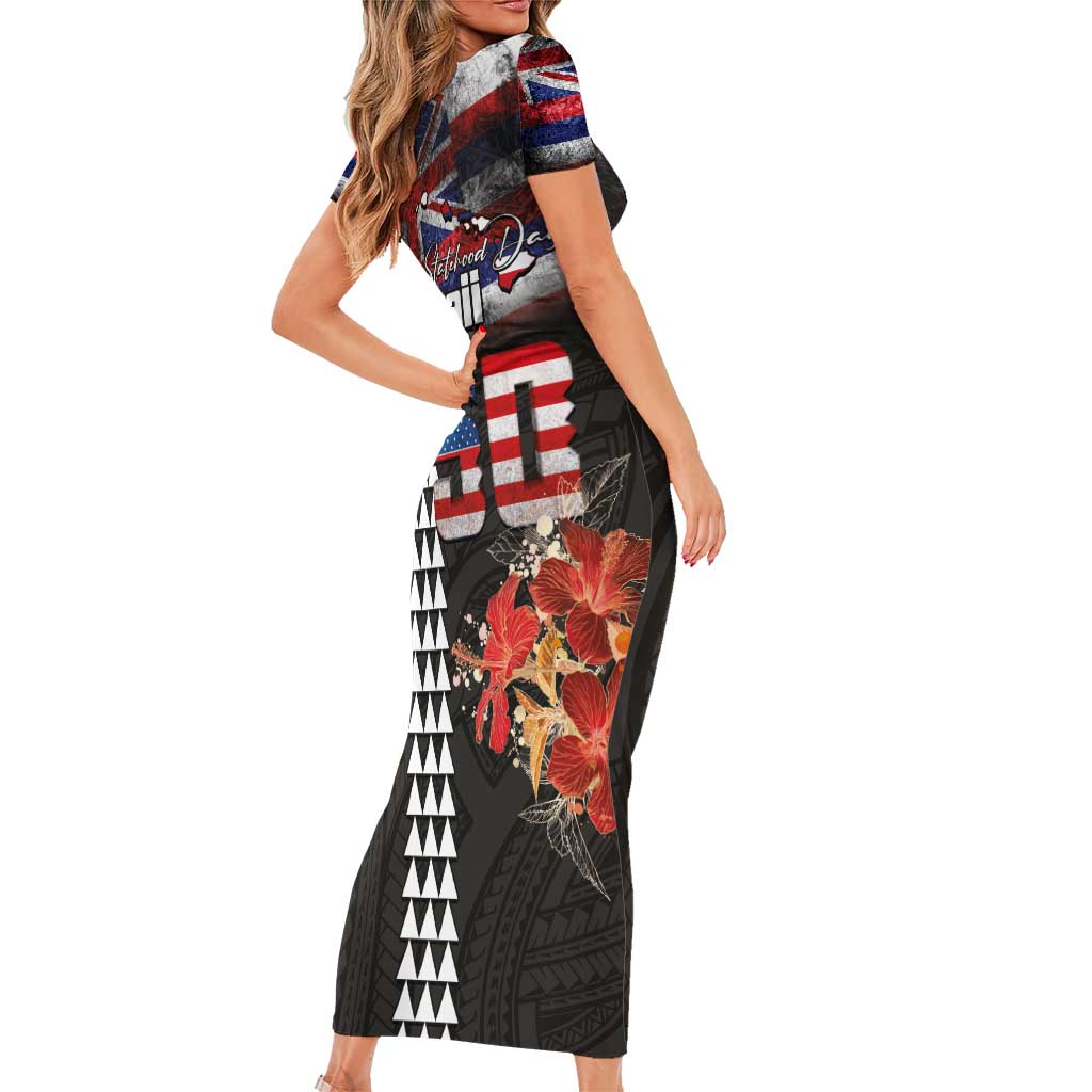 Hawaii Statehood Day Short Sleeve Bodycon Dress 50th state of the United States Kakau Tattoos and Hibiscus Grunge - Polynesian Pride