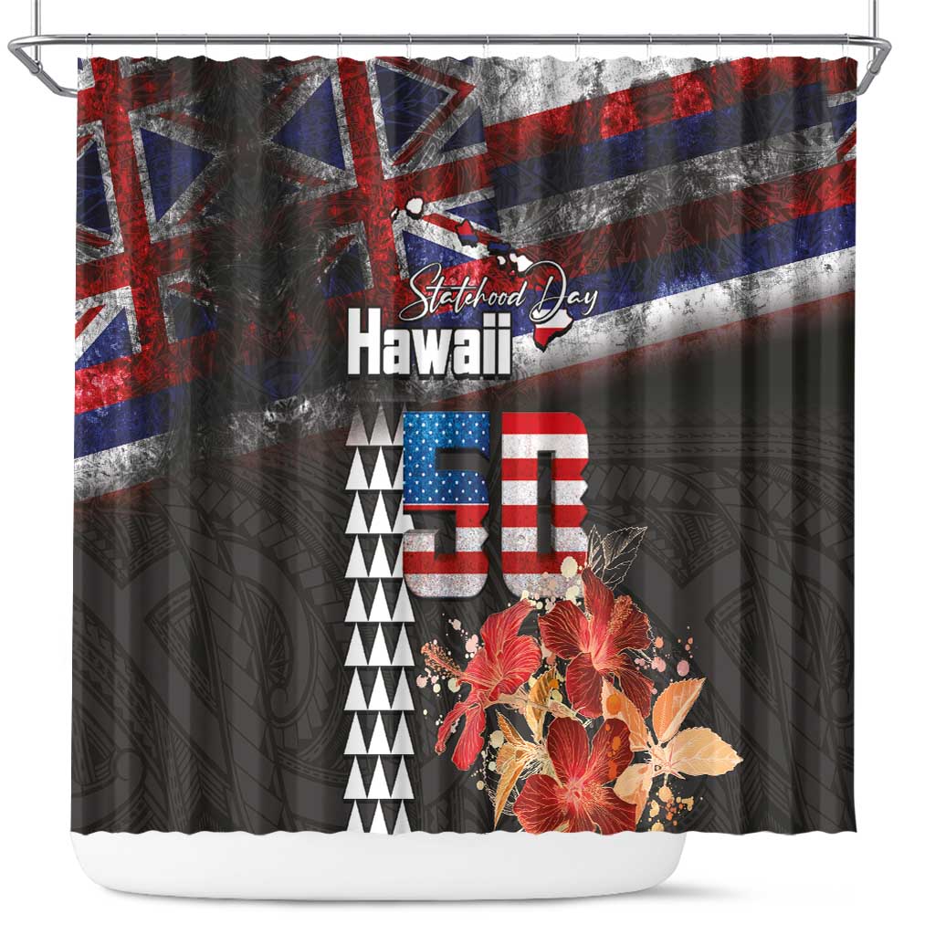 Hawaii Statehood Day Shower Curtain 50th state of the United States Kakau Tattoos and Hibiscus Grunge - Polynesian Pride