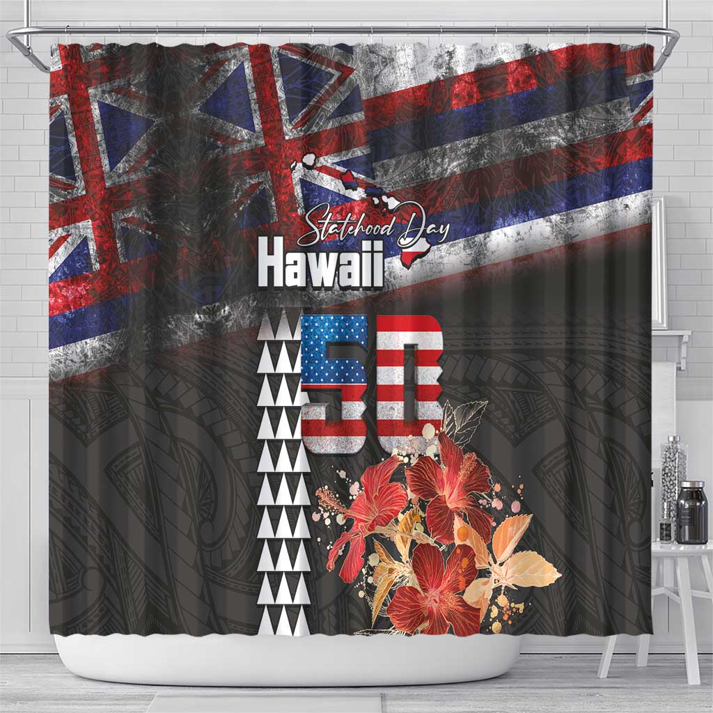 Hawaii Statehood Day Shower Curtain 50th state of the United States Kakau Tattoos and Hibiscus Grunge - Polynesian Pride