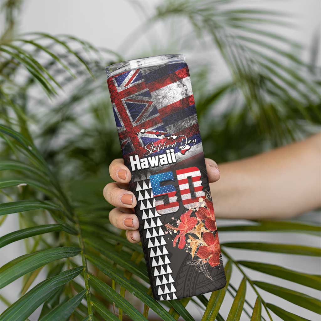 Hawaii Statehood Day Skinny Tumbler 50th state of the United States Kakau Tattoos and Hibiscus Grunge - Polynesian Pride