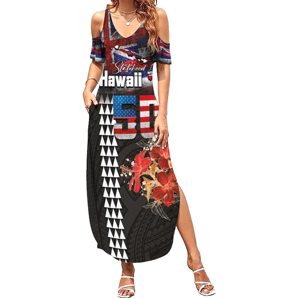 Hawaii Statehood Day Summer Maxi Dress 50th state of the United States Kakau Tattoos and Hibiscus Grunge - Polynesian Pride