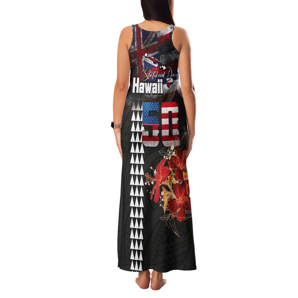 Hawaii Statehood Day Tank Maxi Dress 50th state of the United States Kakau Tattoos and Hibiscus Grunge - Polynesian Pride