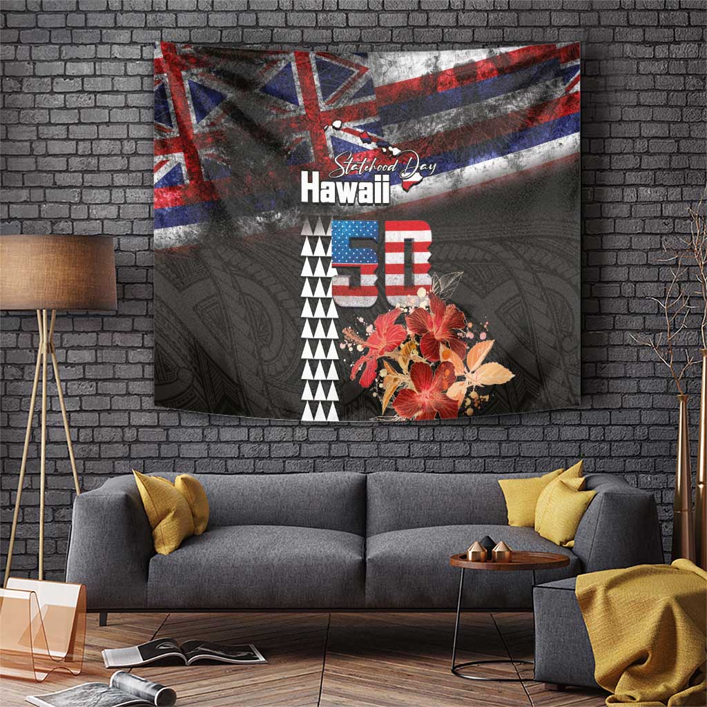 Hawaii Statehood Day Tapestry 50th state of the United States Kakau Tattoos and Hibiscus Grunge - Polynesian Pride