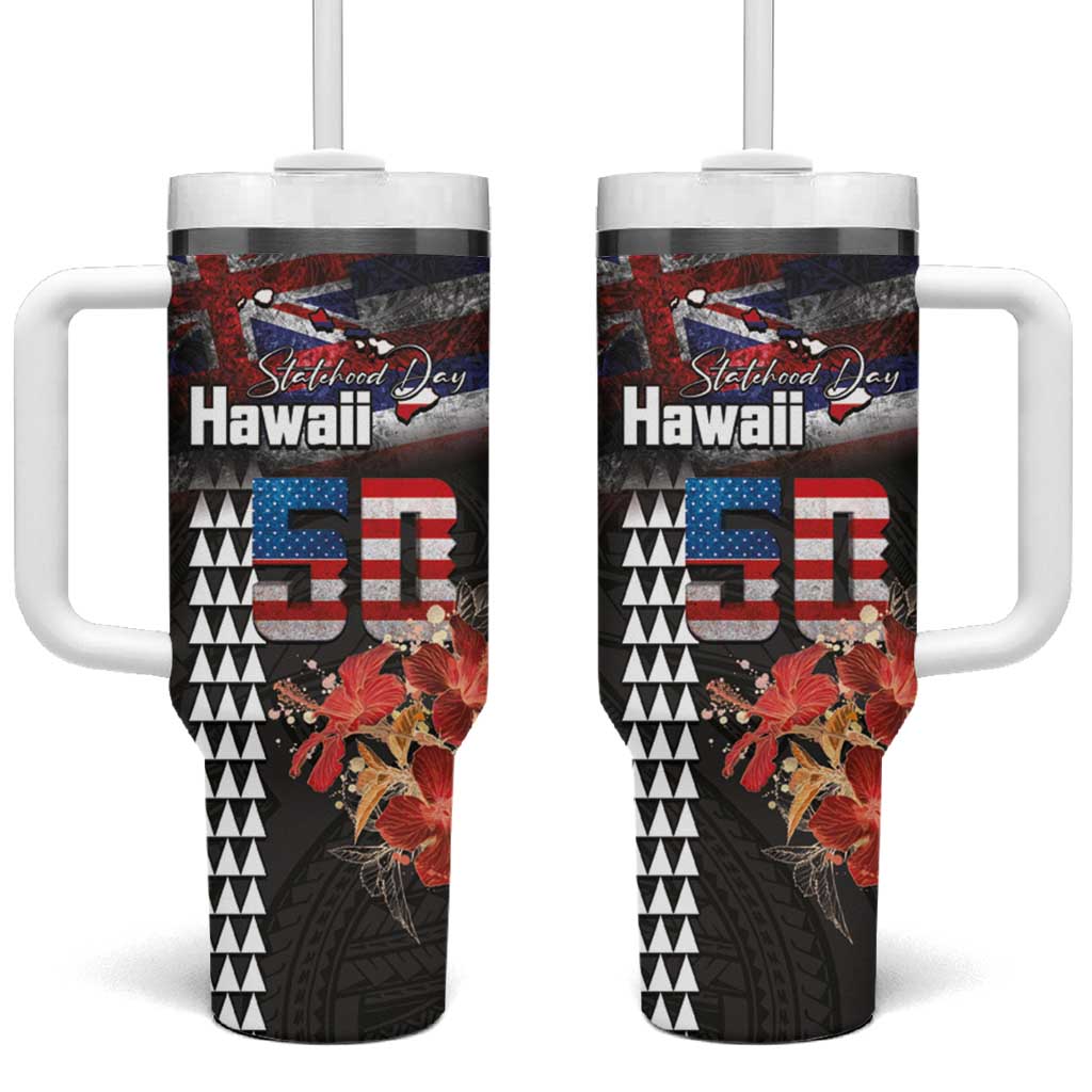 Hawaii Statehood Day Tumbler With Handle 50th state of the United States Kakau Tattoos and Hibiscus Grunge - Polynesian Pride