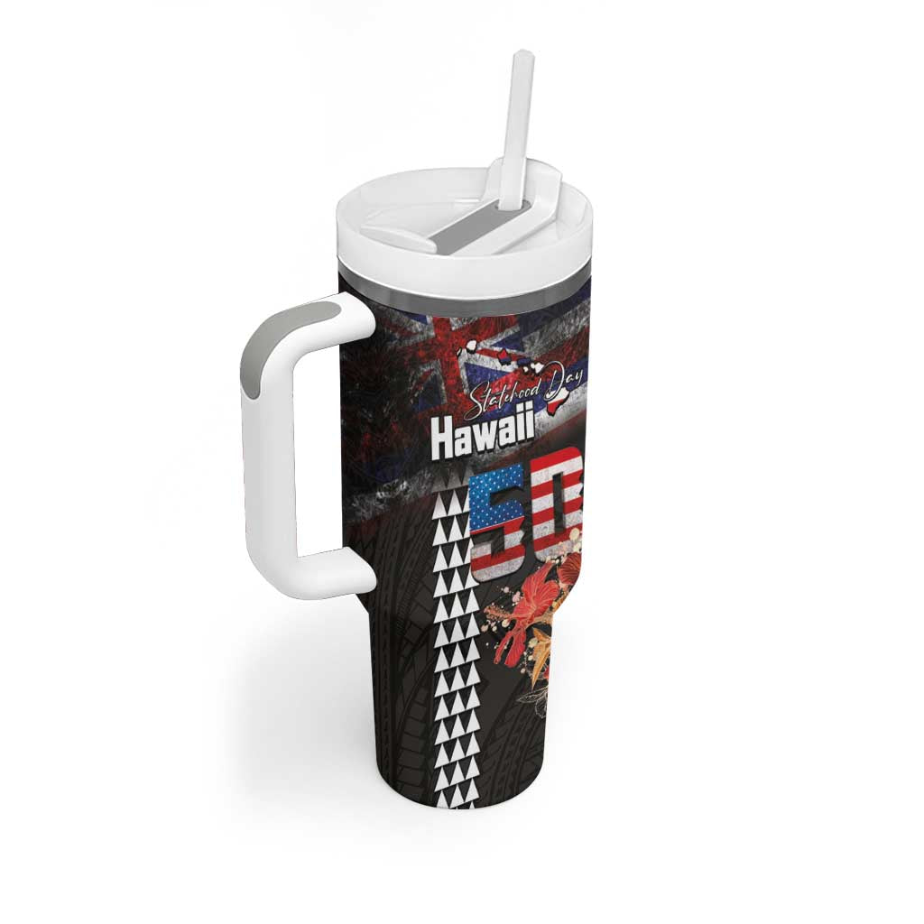 Hawaii Statehood Day Tumbler With Handle 50th state of the United States Kakau Tattoos and Hibiscus Grunge - Polynesian Pride