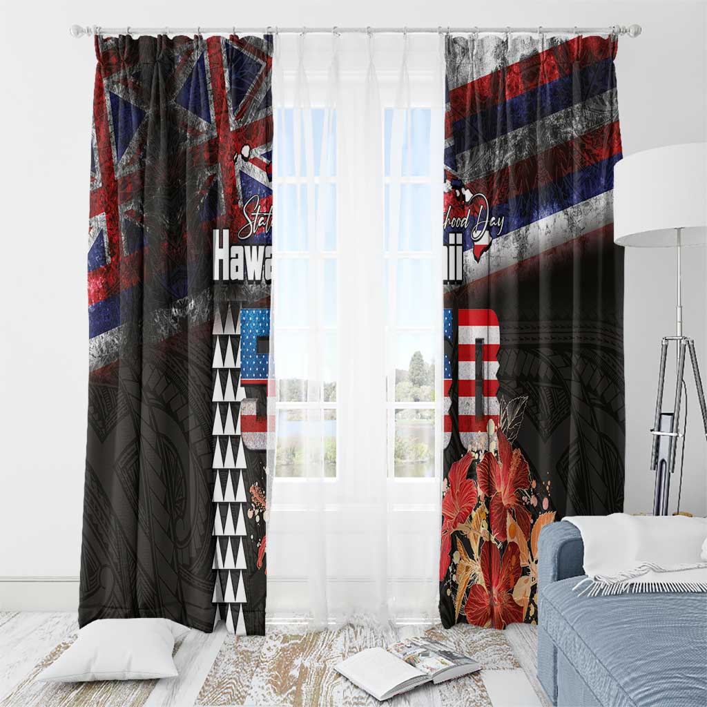 Hawaii Statehood Day Window Curtain 50th state of the United States Kakau Tattoos and Hibiscus Grunge - Polynesian Pride