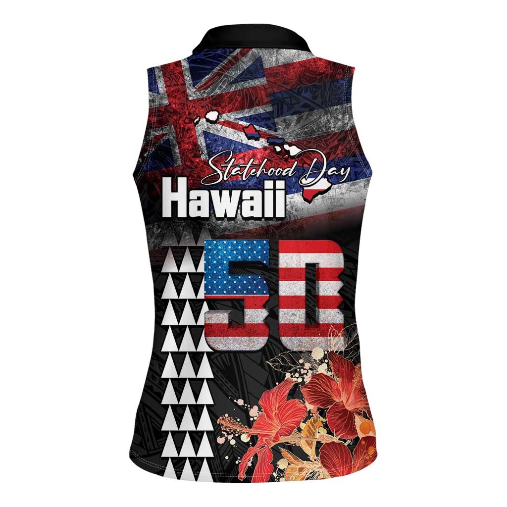 Hawaii Statehood Day Women Sleeveless Polo Shirt 50th state of the United States Kakau Tattoos and Hibiscus Grunge - Polynesian Pride