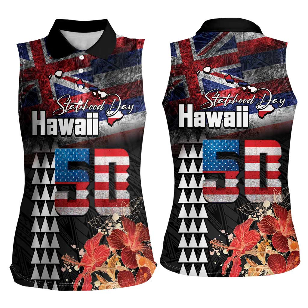 Hawaii Statehood Day Women Sleeveless Polo Shirt 50th state of the United States Kakau Tattoos and Hibiscus Grunge - Polynesian Pride