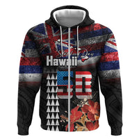 Hawaii Statehood Day Zip Hoodie 50th state of the United States Kakau Tattoos and Hibiscus Grunge - Polynesian Pride