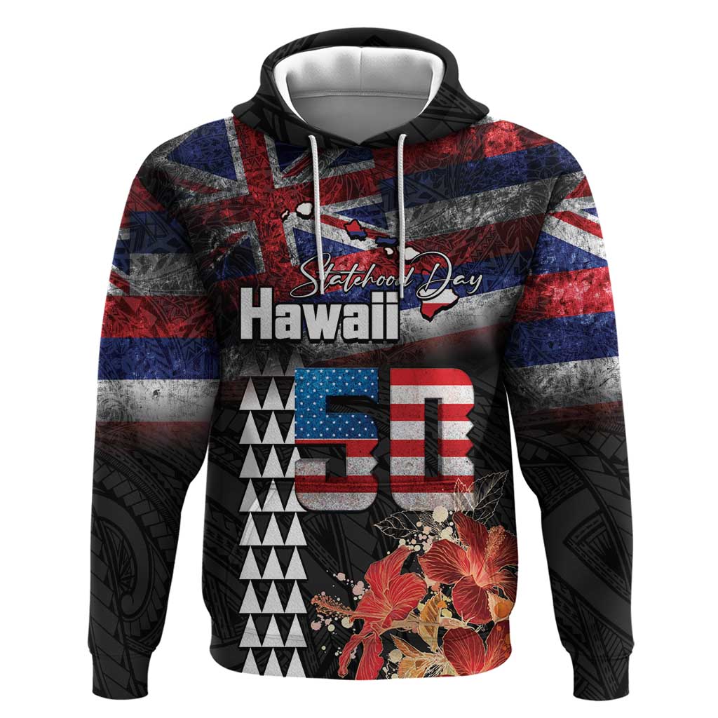 Hawaii Statehood Day Zip Hoodie 50th state of the United States Kakau Tattoos and Hibiscus Grunge - Polynesian Pride