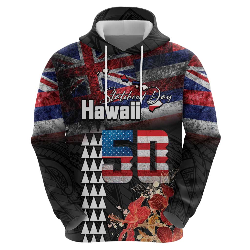 Hawaii Statehood Day Zip Hoodie 50th state of the United States Kakau Tattoos and Hibiscus Grunge - Polynesian Pride