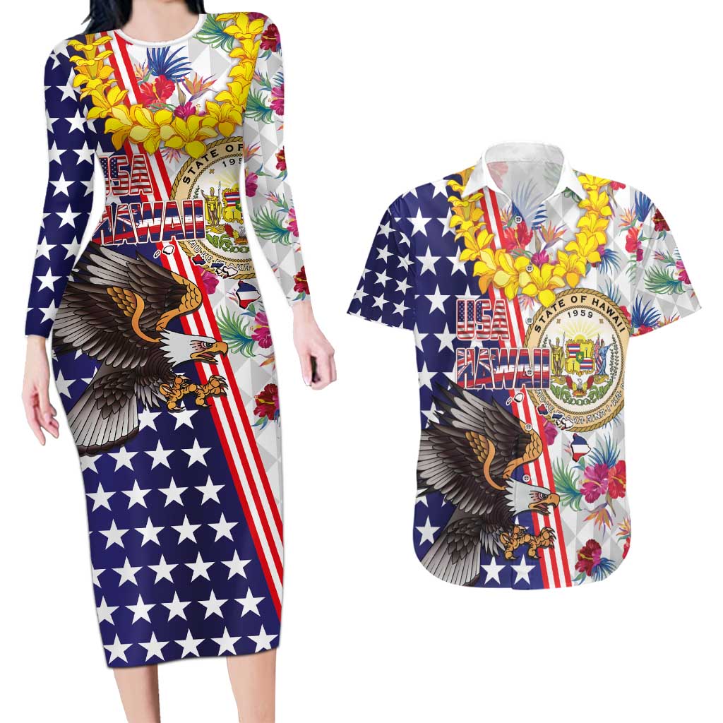 Hawaii and United States Together Couples Matching Long Sleeve Bodycon Dress and Hawaiian Shirt Seal of Hawaii and Bald Eagle - Polynesian Pride