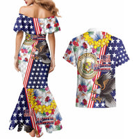 Hawaii and United States Together Couples Matching Mermaid Dress and Hawaiian Shirt Seal of Hawaii and Bald Eagle - Polynesian Pride