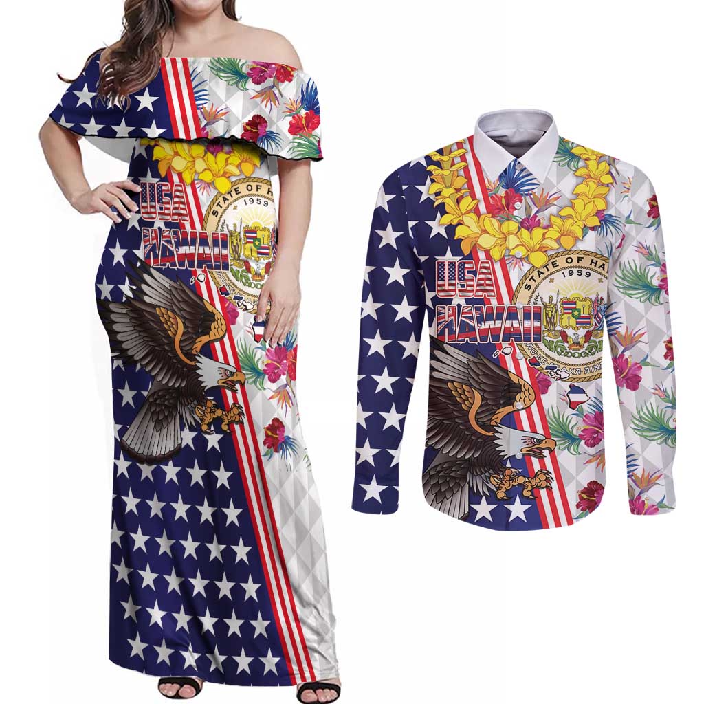 Hawaii and United States Together Couples Matching Off Shoulder Maxi Dress and Long Sleeve Button Shirt Seal of Hawaii and Bald Eagle - Polynesian Pride