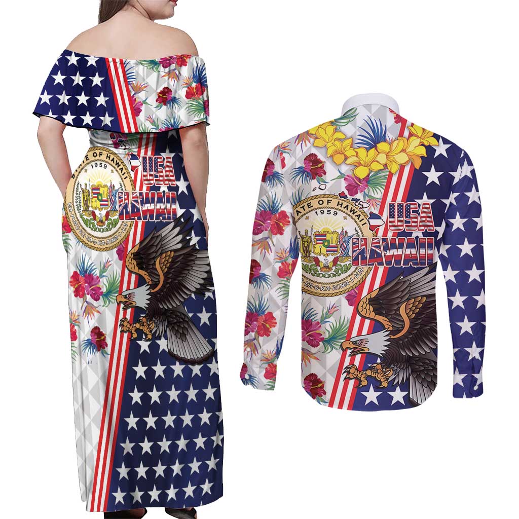 Hawaii and United States Together Couples Matching Off Shoulder Maxi Dress and Long Sleeve Button Shirt Seal of Hawaii and Bald Eagle - Polynesian Pride